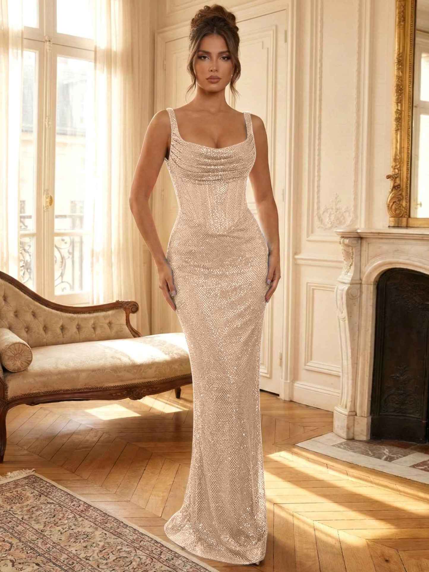 Sparkly Blue Shimmer Cowl Neck Corset Prom Dress