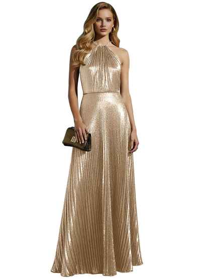 Luxurious Champagne-Gold Pleated Halter Long Prom Dress
