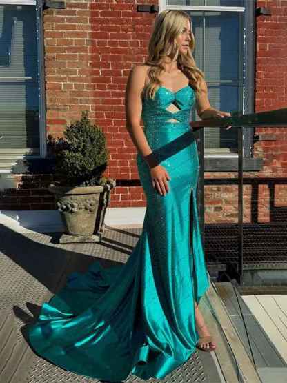 Light Yellow Mermaid Strapless Keyholes Prom Dress with Beads