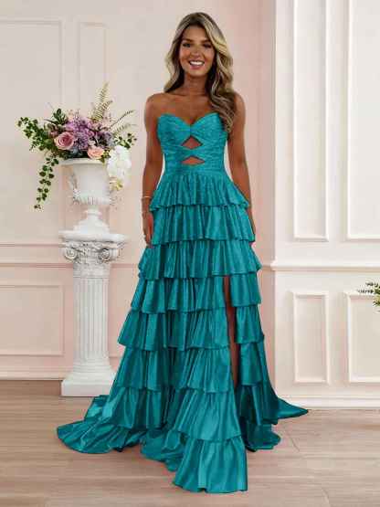 A Line Strapless Sweetheart Satin Prom Dress with Keyhole