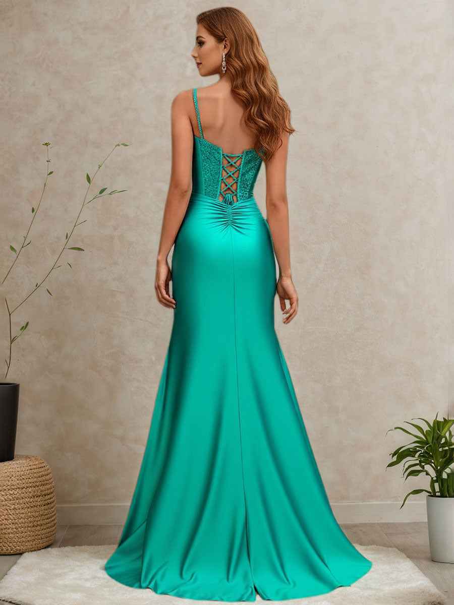 Peacock Beaded Corset Ruched Mermaid Prom Dress with Slit