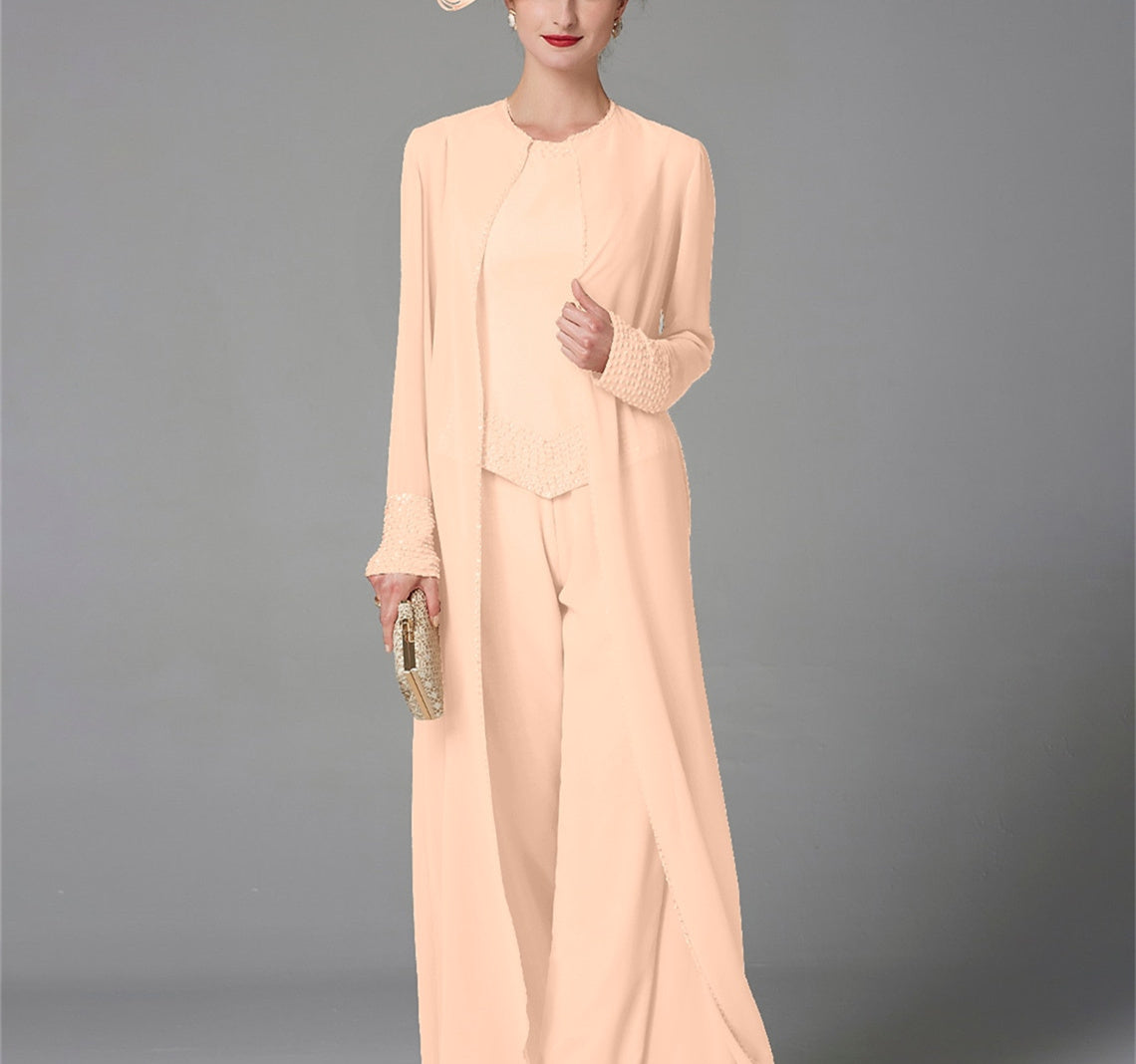 Long-Sleeve Chiffon Mother of the Bride Pantsuit with Jacket and Sequins-BMbridal