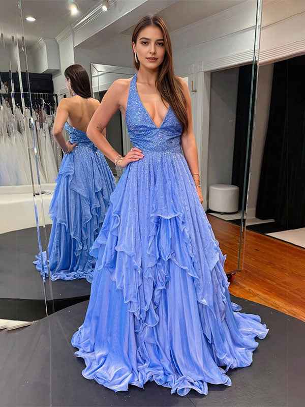 Periwinkle Sparkle Ruffled Halter Long Prom Dress