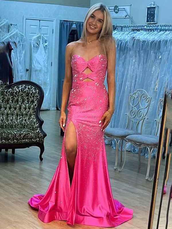 Light Yellow Mermaid Strapless Keyholes Prom Dress with Beads