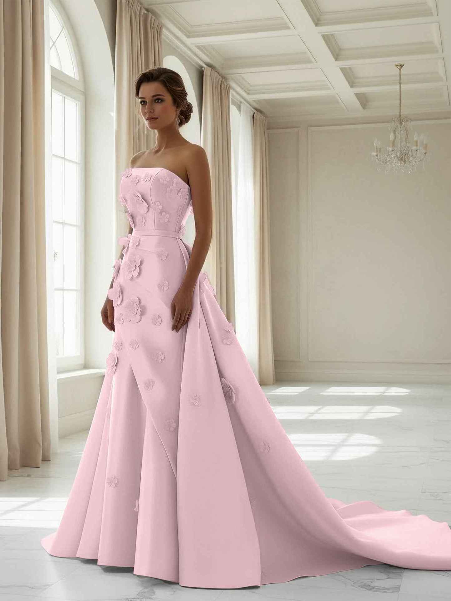 Pink A Line Satin Strapless Prom Dress with 3D Floral Appliques