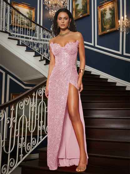 Sequin Strapless Sweetheart Long Prom Dress with High Slit