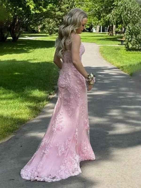 Pink Mermaid Spaghetti Straps Appliques Long Prom Dress with Train