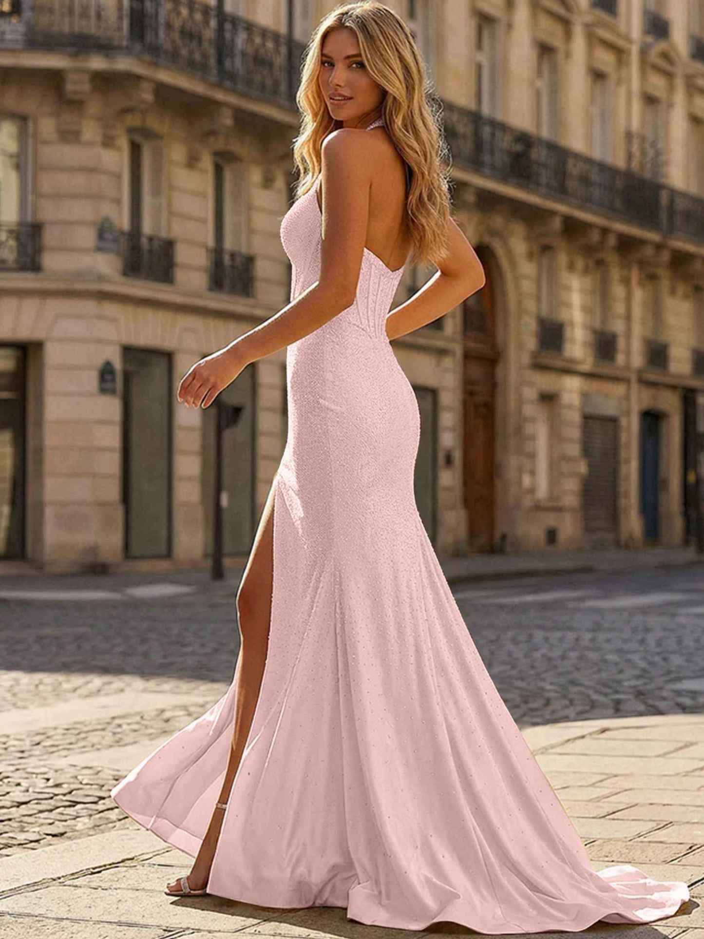 Yellow Beaded Halter Corset Prom Dress with High Slit