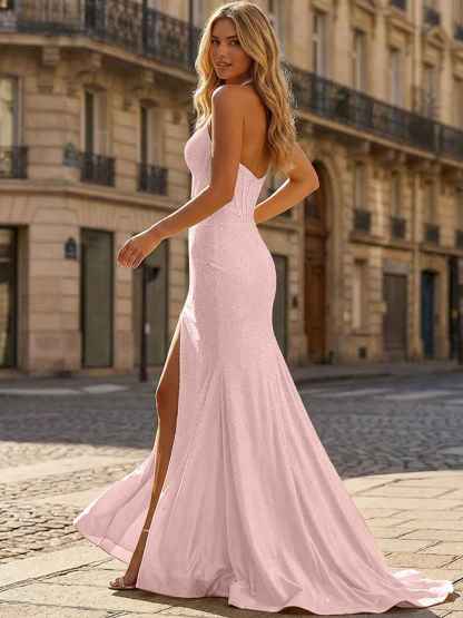 Yellow Beaded Halter Corset Prom Dress with High Slit