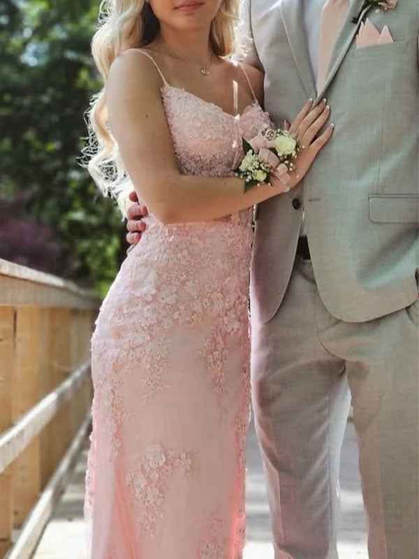 Pink Mermaid Spaghetti Straps Appliques Long Prom Dress with Train