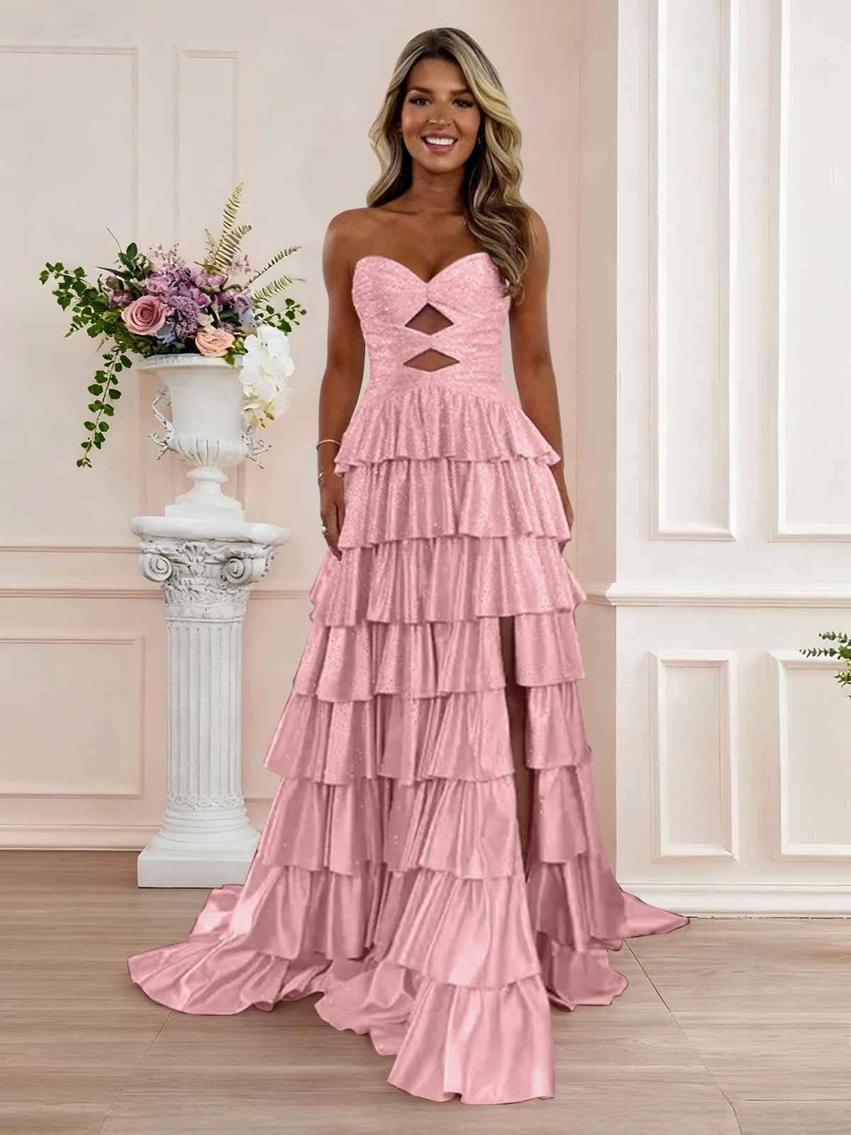 A Line Strapless Sweetheart Satin Prom Dress with Keyhole