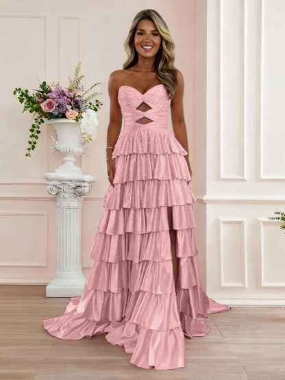 A Line Strapless Sweetheart Satin Prom Dress with Keyhole