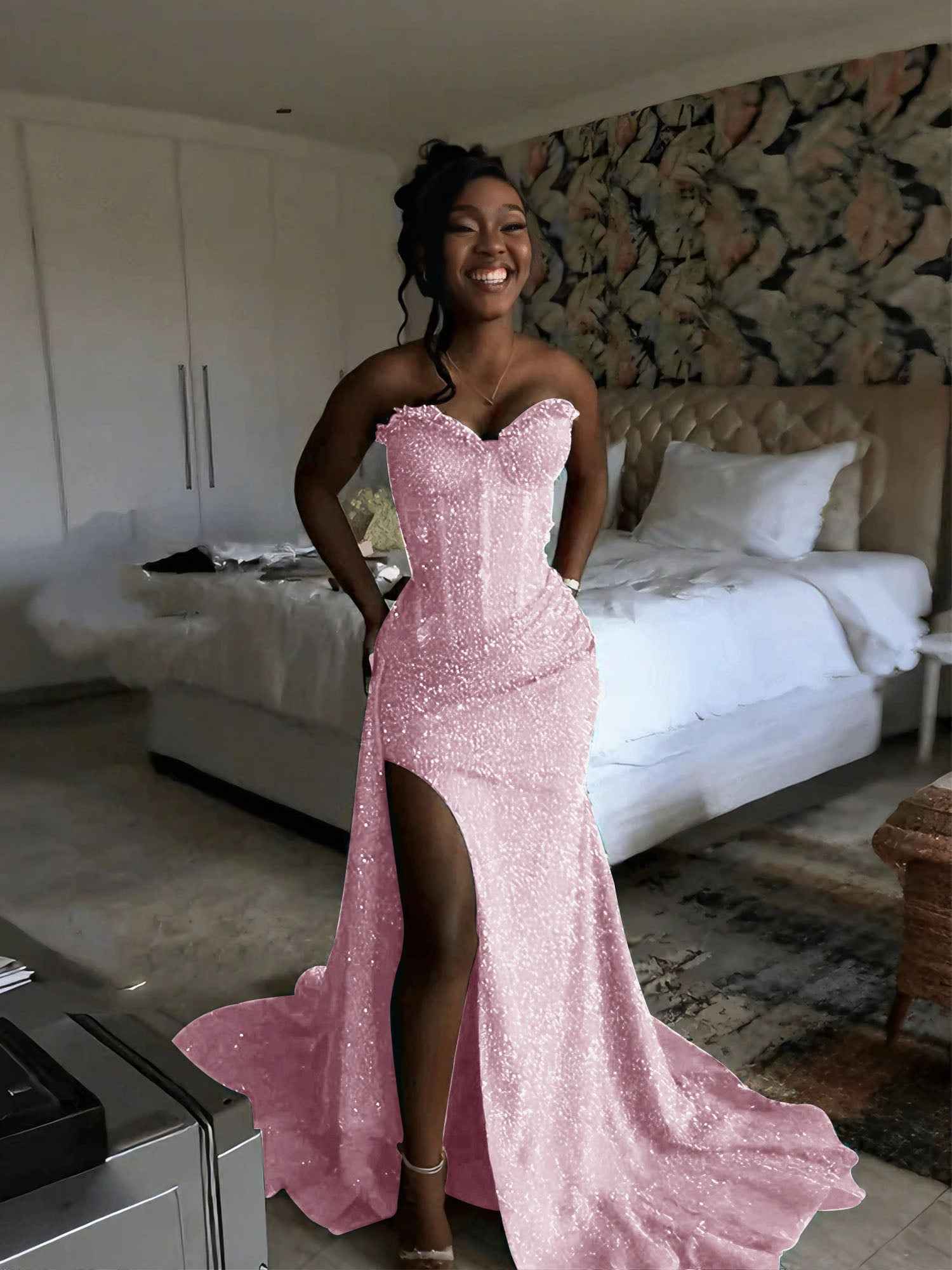 Glitter Strapless Mermaid Sequined Long Prom Dress with Slit