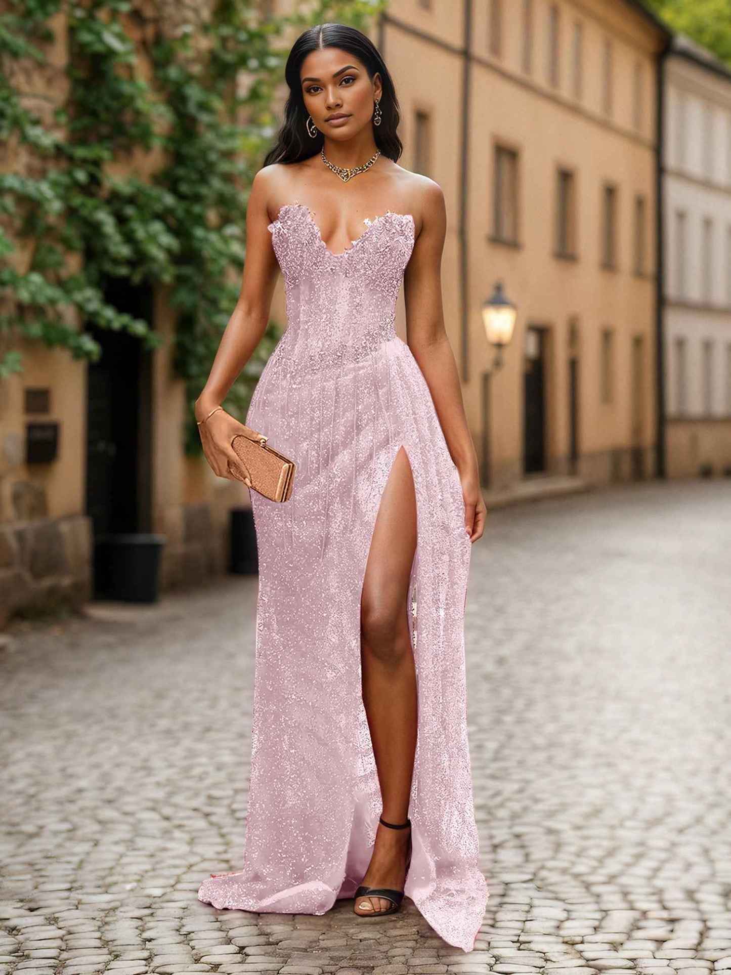 Red Strapless Beaded Fringe Waist Sequin Prom Dress with High Slit