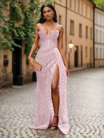 Red Strapless Beaded Fringe Waist Sequin Prom Dress with High Slit