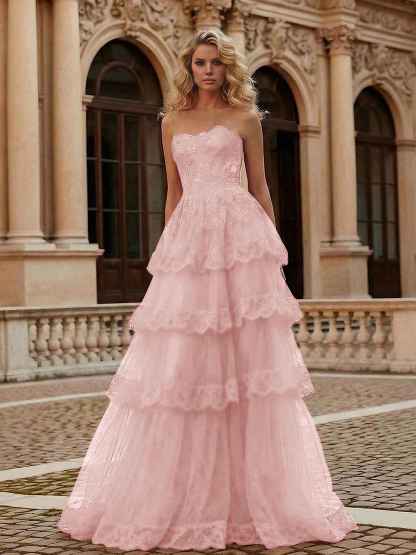 Red Tiered Tulle Strapless Lace Bodice A-Line Long Prom Dress