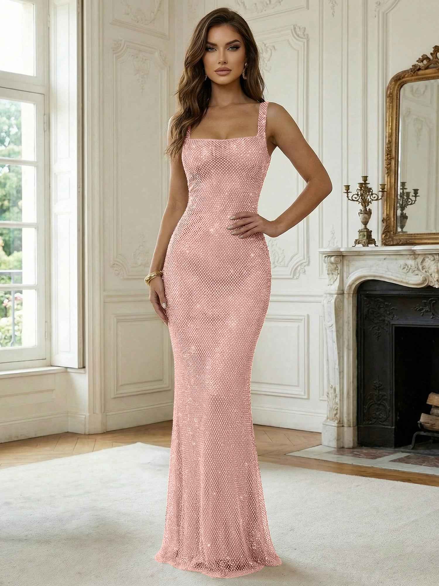 Crystal-Embellished Mermaid Long Prom Dress with Square Neckline