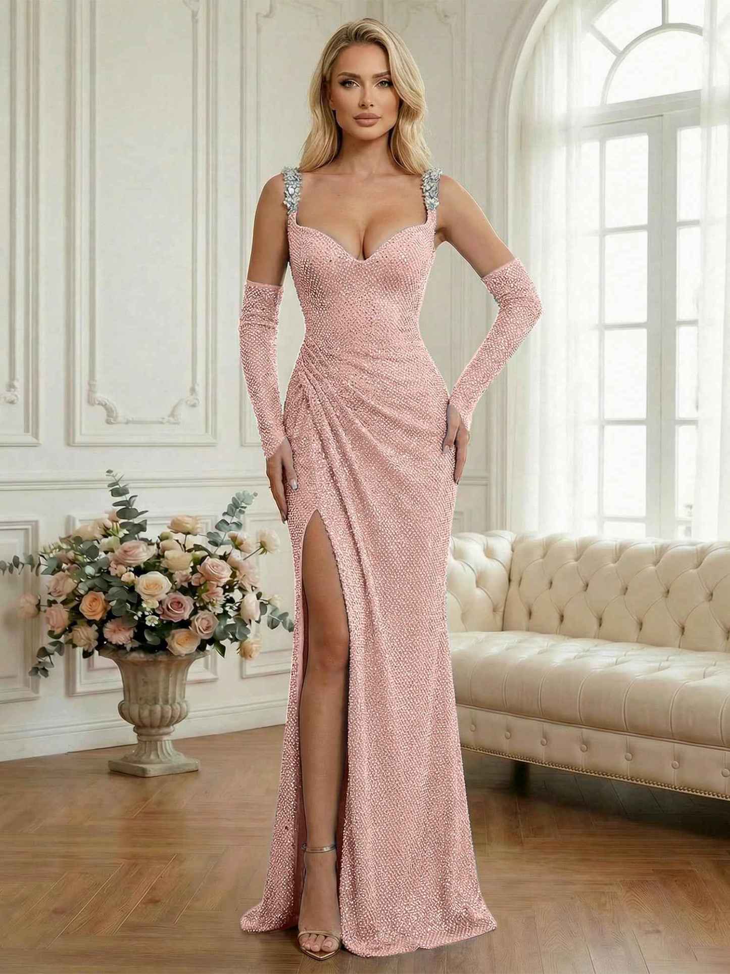 Light Blue Sequin Mermaid Matching Opera Gloves Long Prom Dress with Slit