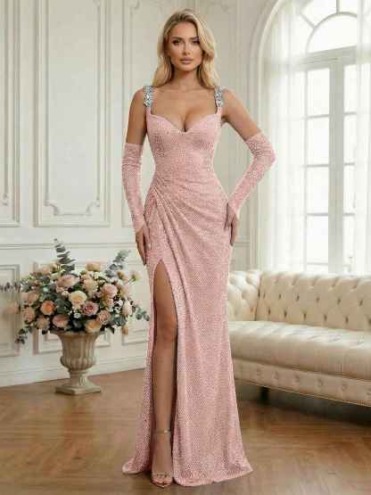 Light Blue Sequin Mermaid Matching Opera Gloves Long Prom Dress with Slit