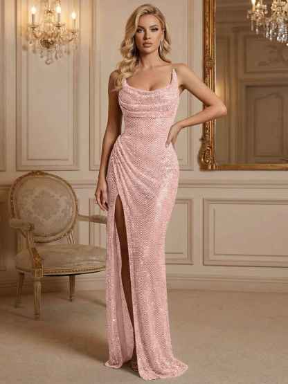 Silver Sequin Cowl Neck Ruched Long Prom Dress with High Slit