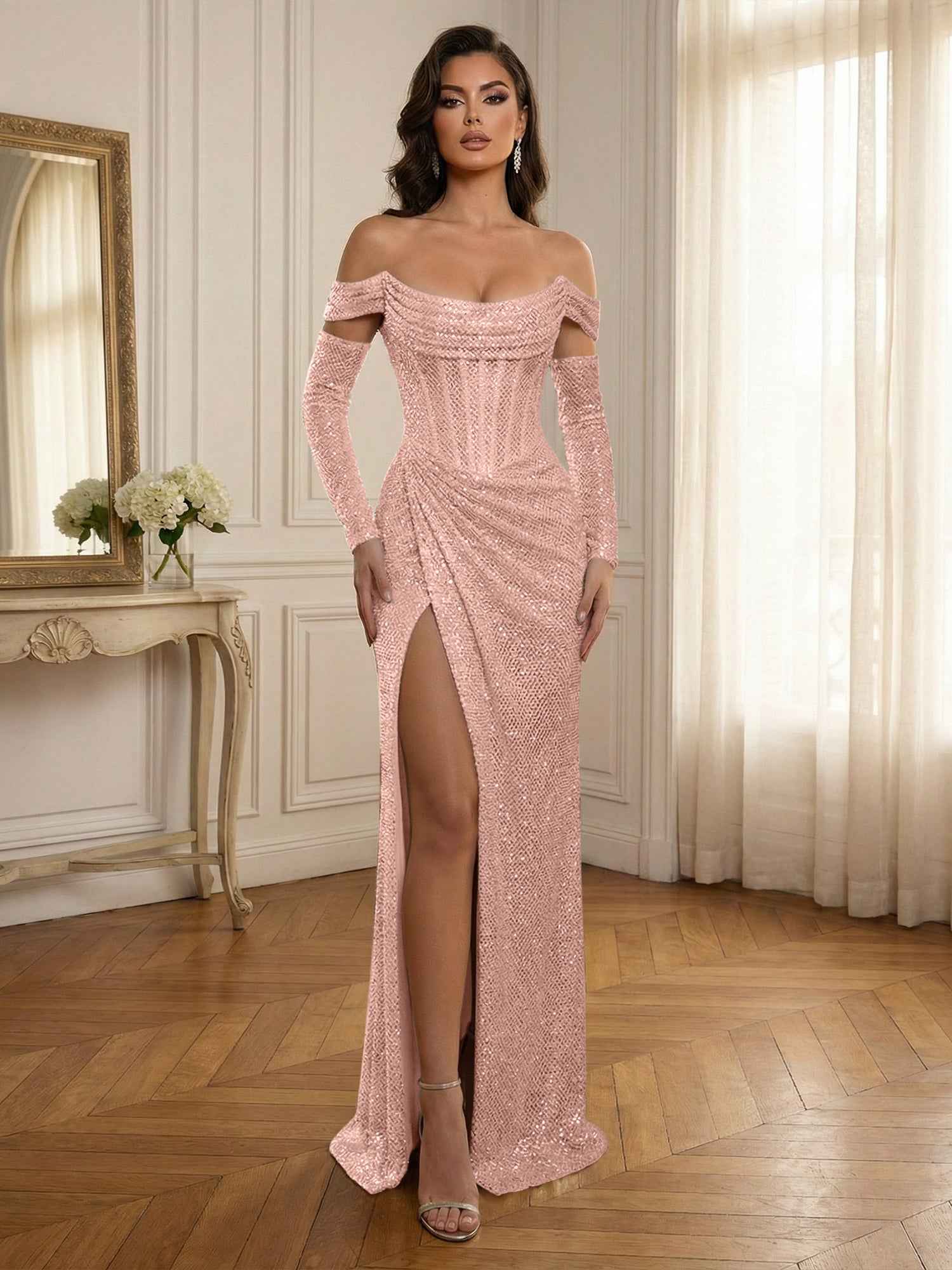Silver Sequin Off-the-Shoulder Long Sleeves Corset Prom Dress with Slit