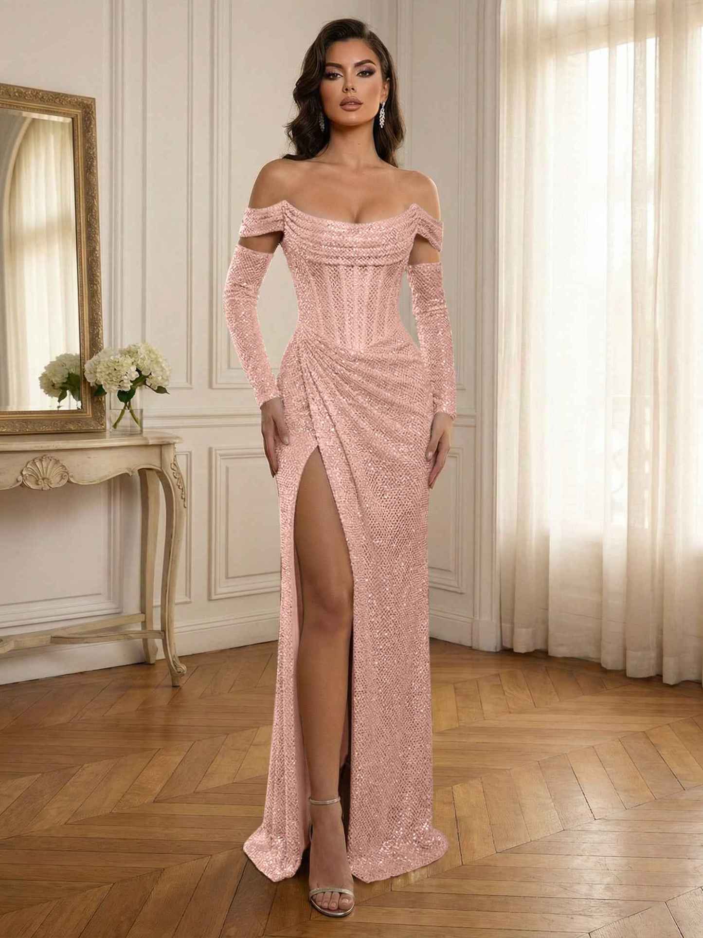 Silver Sequin Off-the-Shoulder Long Sleeves Corset Prom Dress with Slit