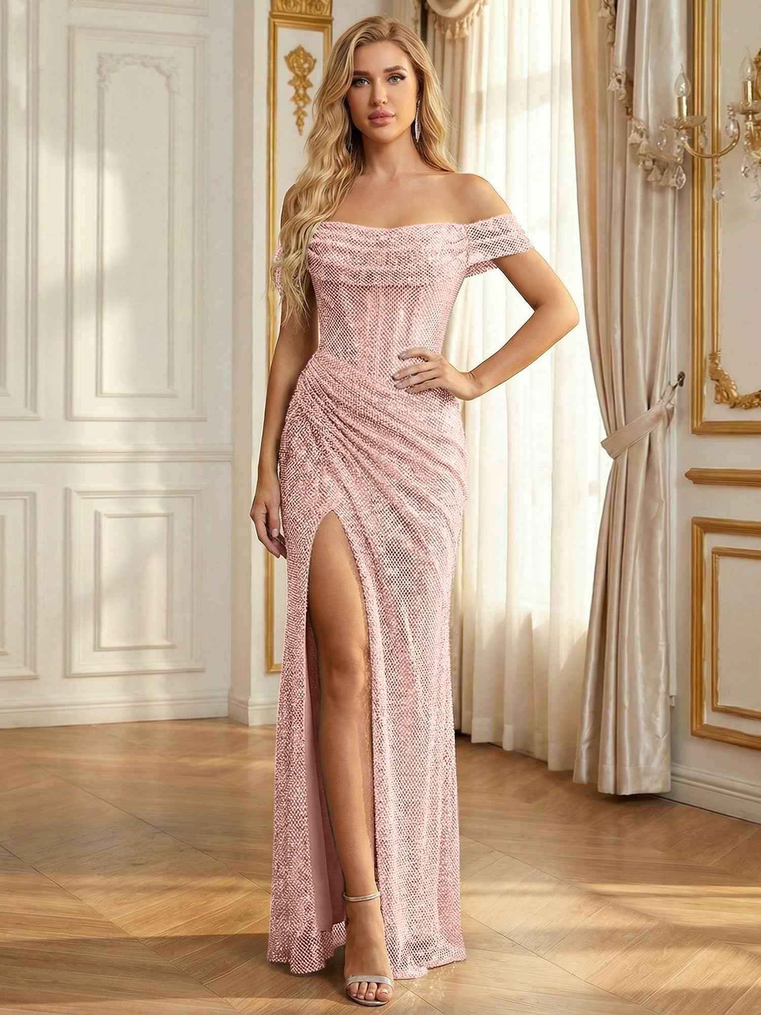 Sparkly Off-the-Shoulder Mesh Ruched Bodice Long Prom Dress with High Slit