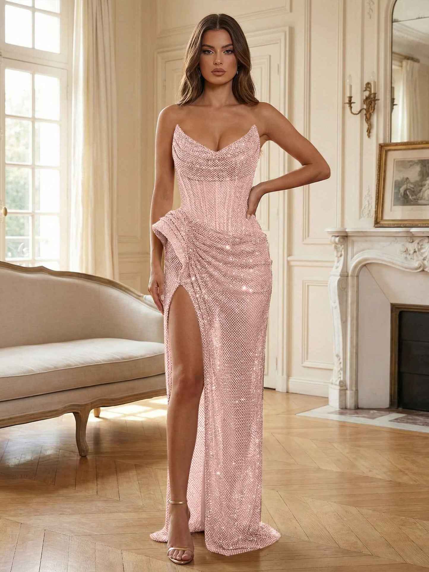 Champagne Gold Crystal-Embellished Corset Long Prom Dress with Slit