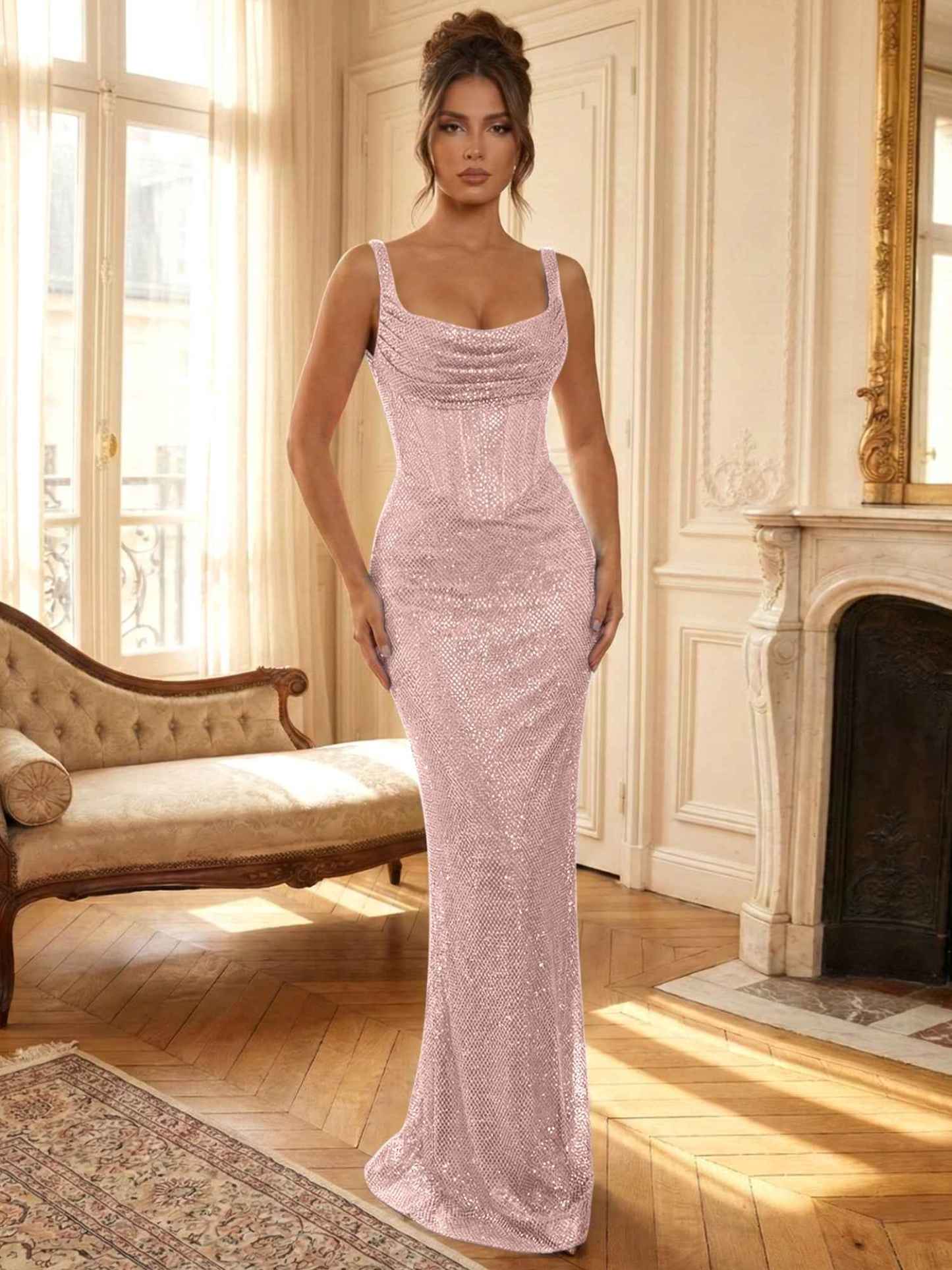 Sparkly Blue Shimmer Cowl Neck Corset Prom Dress