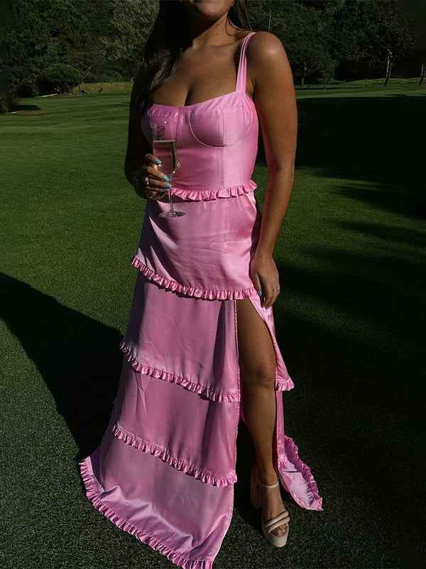 Orange A Line Cantaloupe Corset Tiered Long Prom Party Dresss