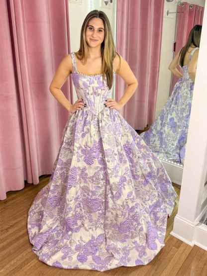 Pink Floral Brocade Pearl Long Corset Prom Dress