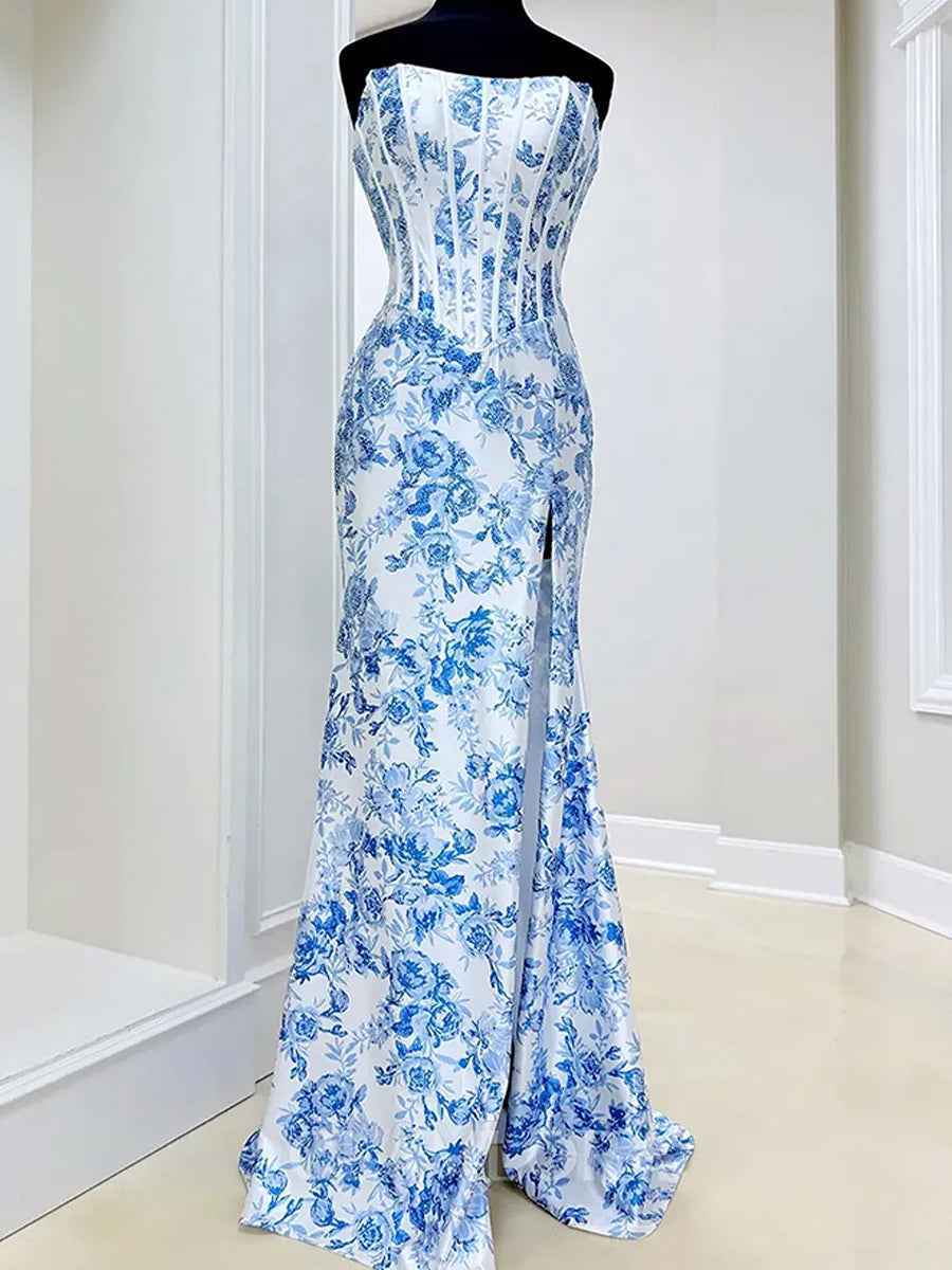 Pink Floral Print Corset Bodice Satin Strapless Prom Dress with Slit