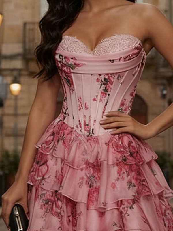 Pink Floral Strapless Chiffon Ruffle Corset Prom Dress with Slit