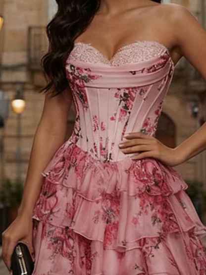 Pink Floral Strapless Chiffon Ruffle Corset Prom Dress with Slit