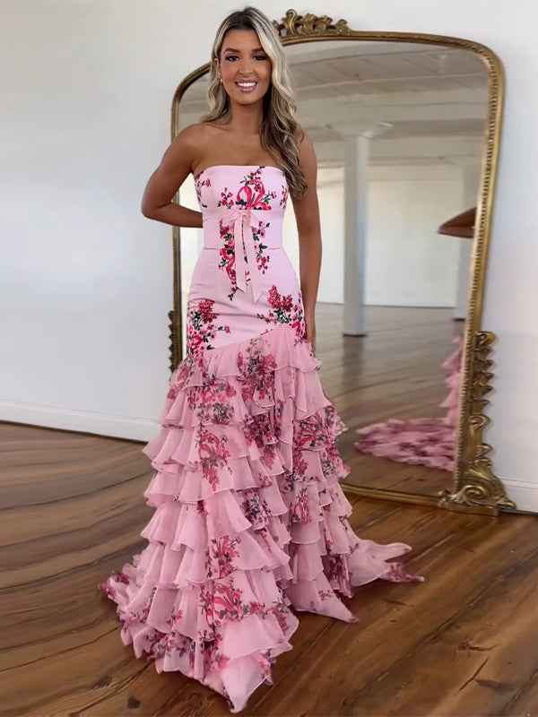 Pink Mermaid Flower Strapless Corset Tiered Tulle Long Prom Dress