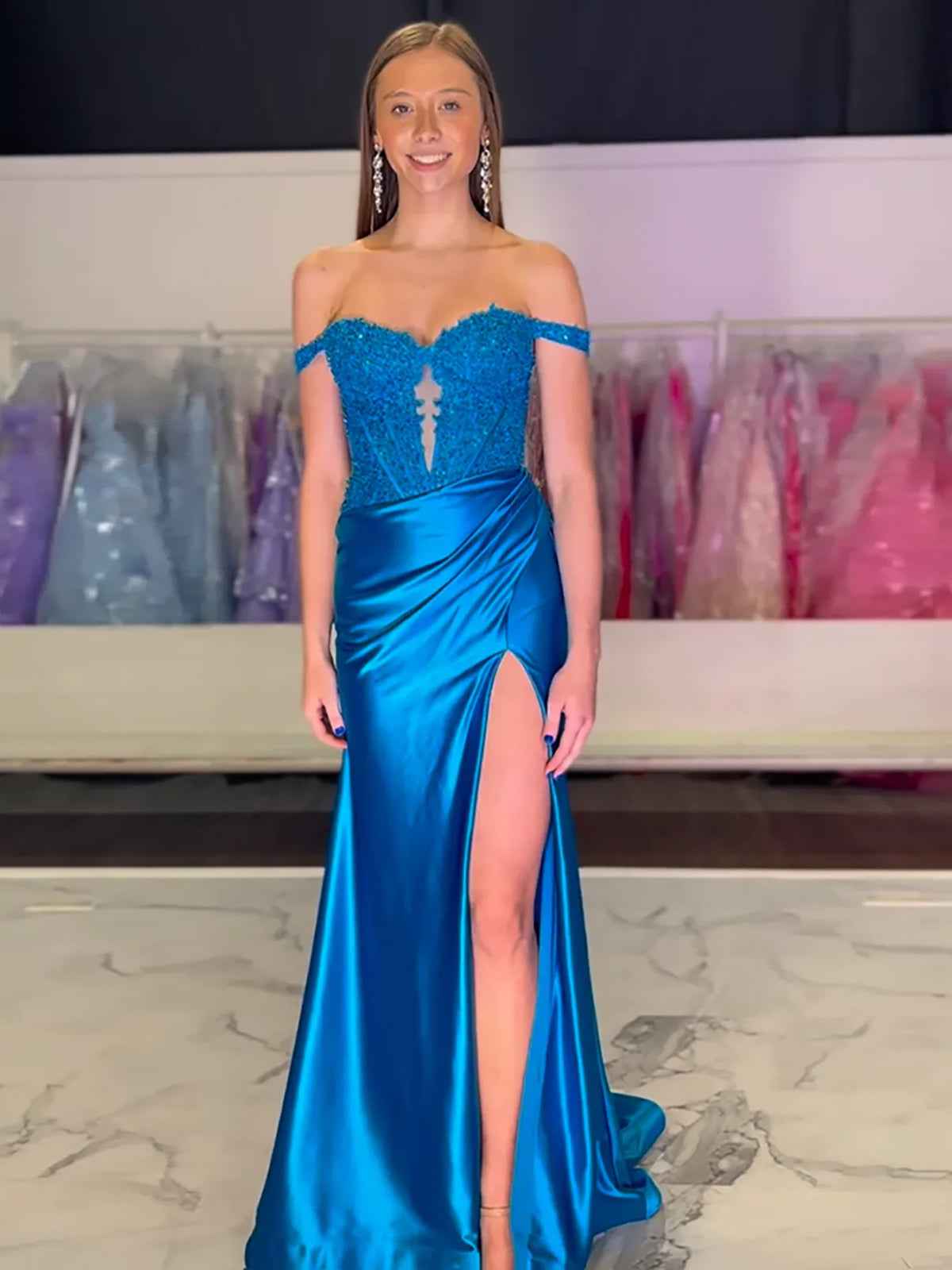 Pink Mermaid Off-Shoulder Sweetheart Appliques Pleated Prom Dress with Slit