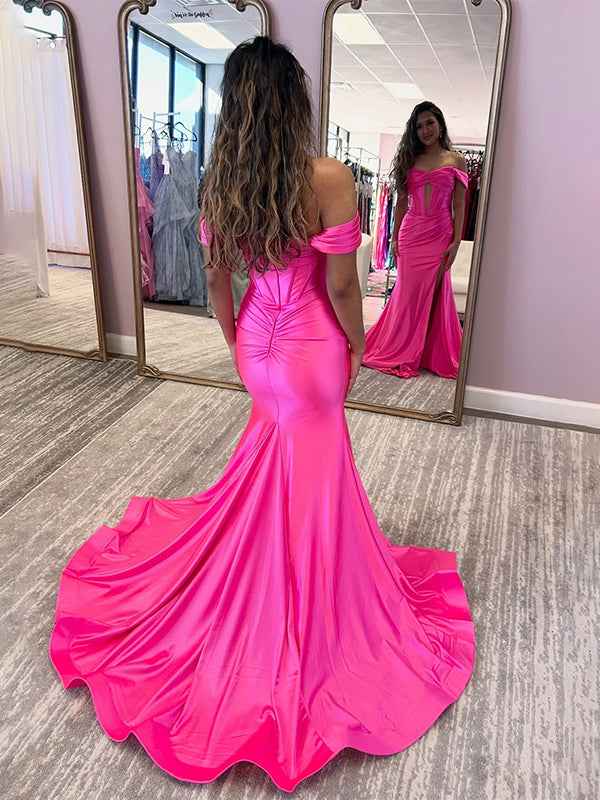 Red Mermaid Off the Shoulder Corset Long Prom Dress with Slit