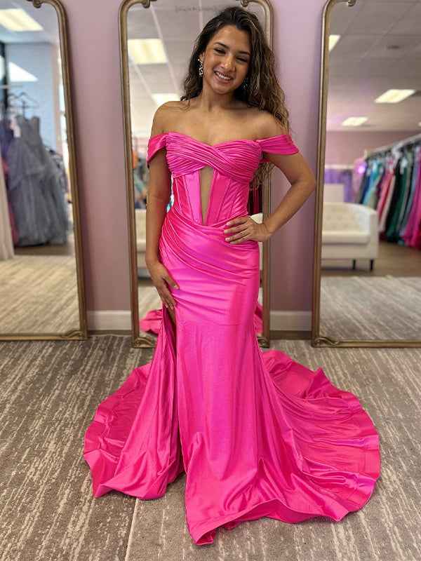 Red Mermaid Off the Shoulder Corset Long Prom Dress with Slit - BMBRIDAL