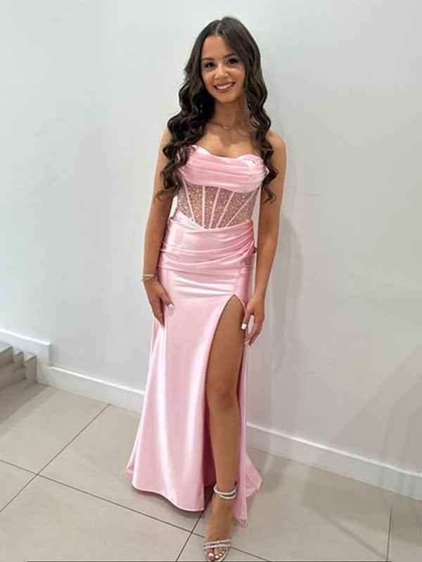 Yellow Mermaid Scoop Neck Satin Long Prom Dress with Slit