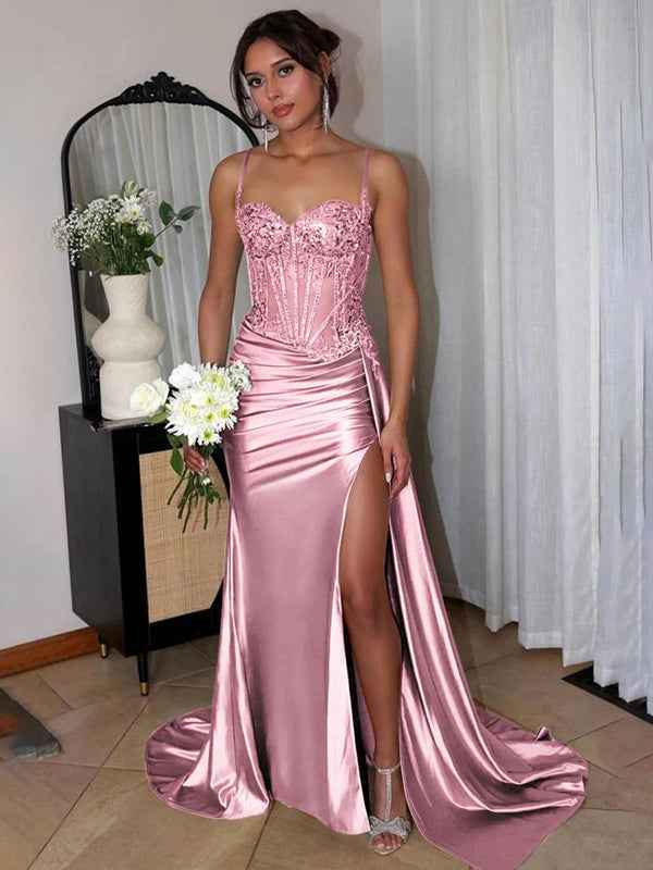 Green Mermaid Spaghetti Straps Bodice Long Prom Dress with Beads