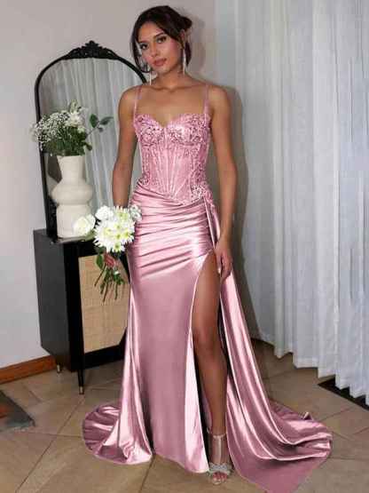 Green Mermaid Spaghetti Straps Bodice Long Prom Dress with Beads