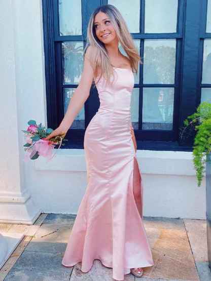Pink Mermaid Strapless Fitted Long Prom Dress with Slit