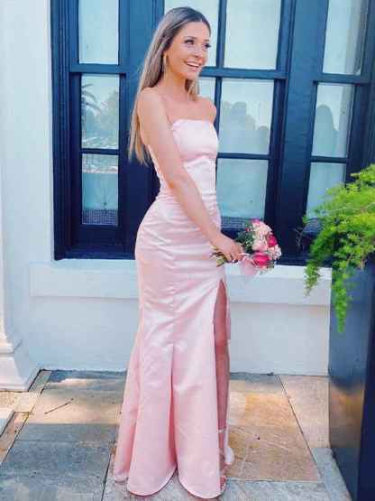 Pink Mermaid Strapless Fitted Long Prom Dress with Slit