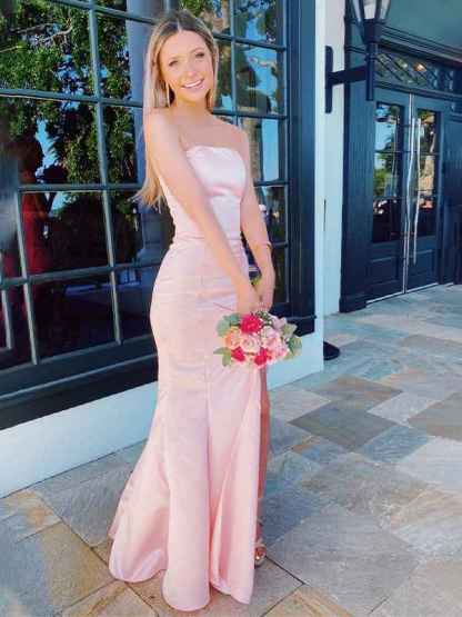 Pink Mermaid Strapless Fitted Long Prom Dress with Slit