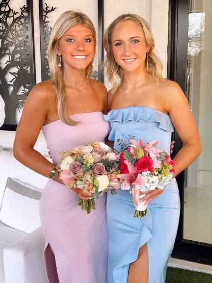 Pink Mermaid Strapless Short Prom Dress with Slit