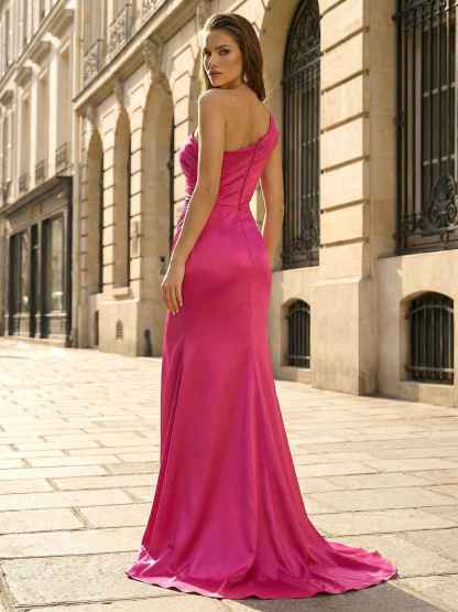 Fuchsia One-Shoulder Satin Prom Gown with Ruched Slit Skirt