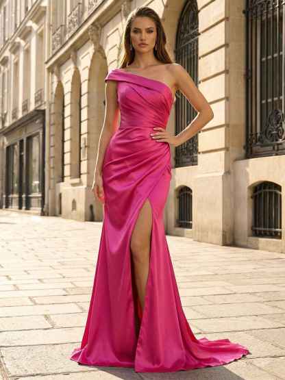 Fuchsia One-Shoulder Satin Prom Gown with Ruched Slit Skirt