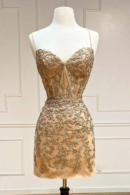 Pink Spaghetti Straps Tight Short Homecoming Dress with Appliques