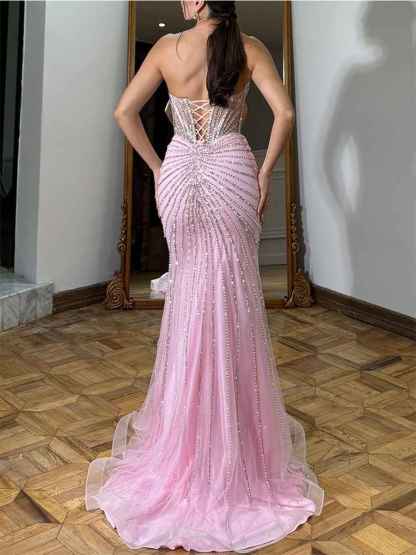 Pink Strapless Crystal Corset Long Prom Dress with High Slit