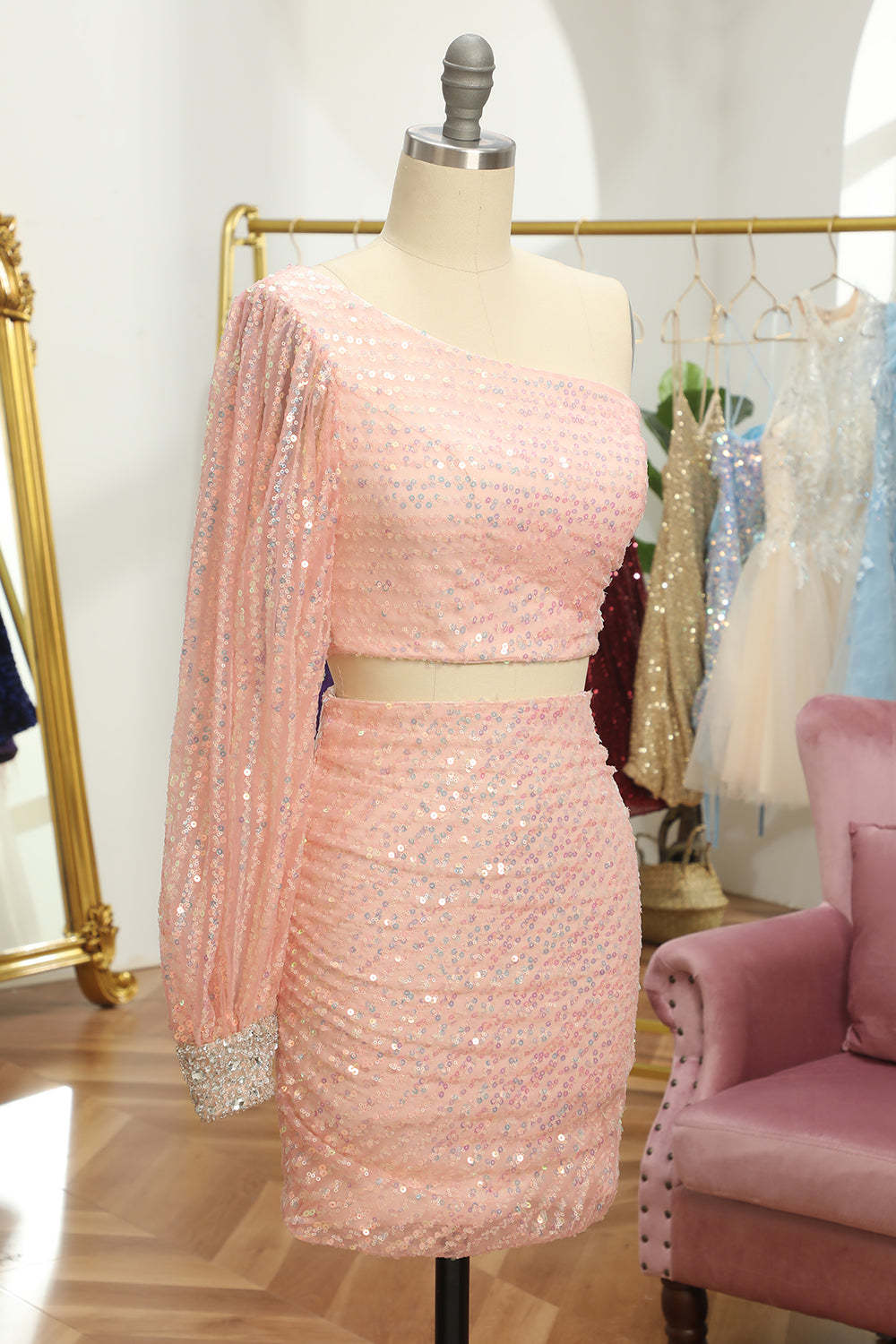 Pink Two Piece Sequin Homecoming Dress